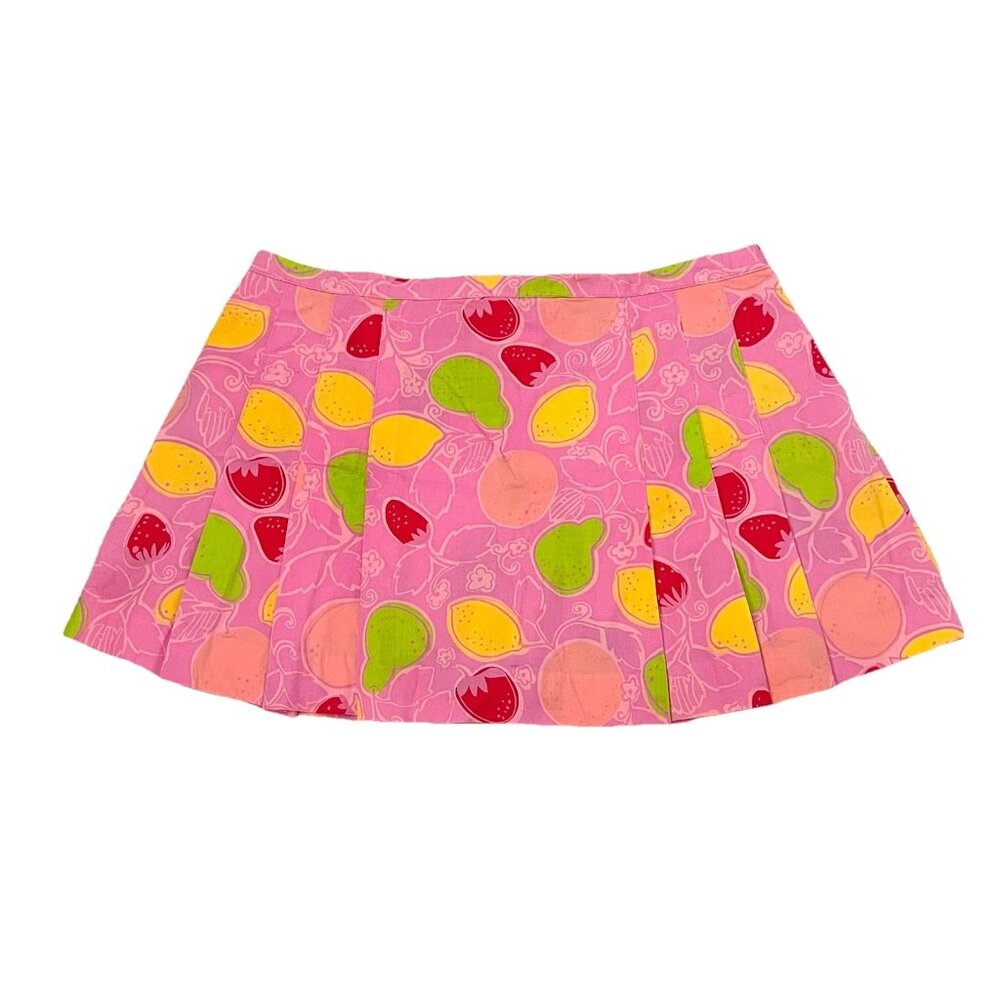 Vintage Lilly Pulitzer Pink Novelty Fruit Print Cotton Pleated Mini Skirt sz 10
